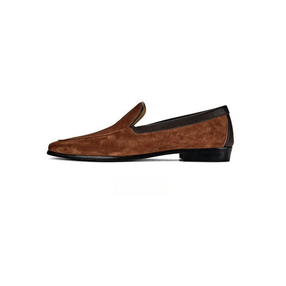 Lunepebbla Tan — handmade suede Venetian loafers for men, slip-on dress shoes back heel view