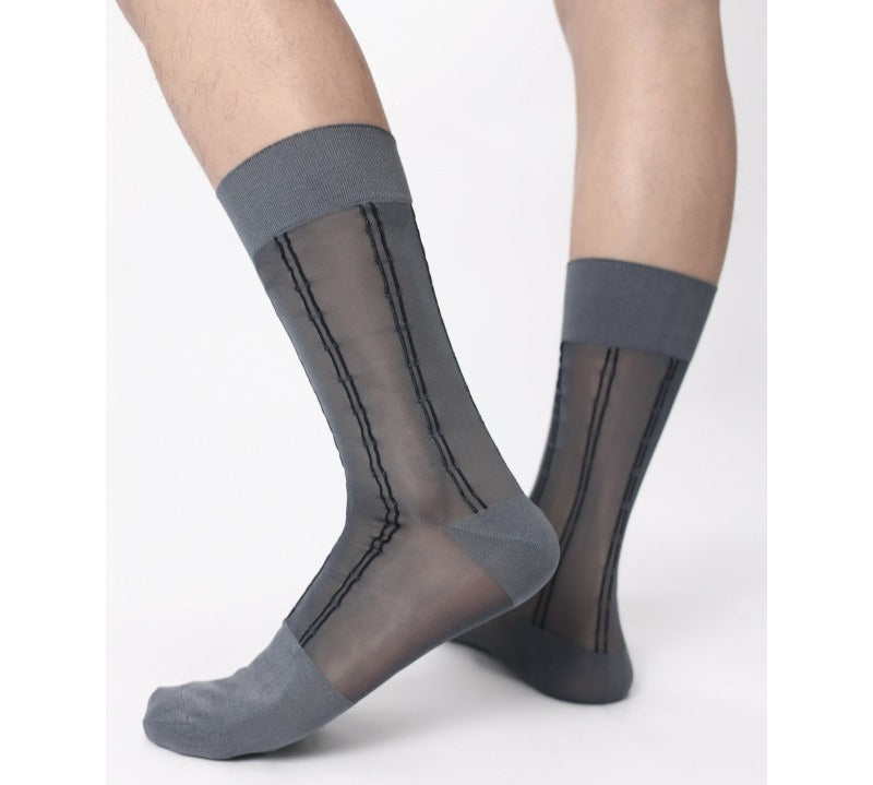 Lunepebbla pinstripe sheer brown nylon dress socks with warm-toned pinstripe pattern