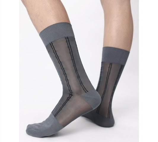 Lunepebbla pinstripe sheer brown nylon dress socks with warm-toned pinstripe pattern