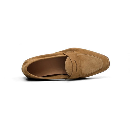 Lunepebbla tan suede penny loafers close-up showing penny strap and suede nap texture