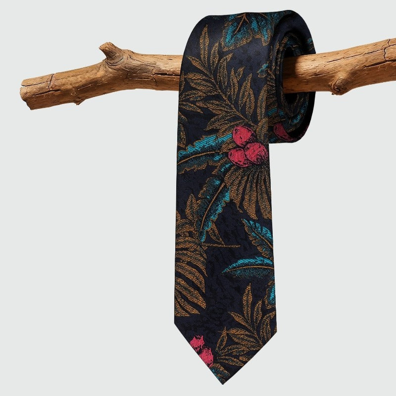 Lunepebbla tropical botanical mulberry silk necktie, yarn-dyed jacquard in teal gold pink