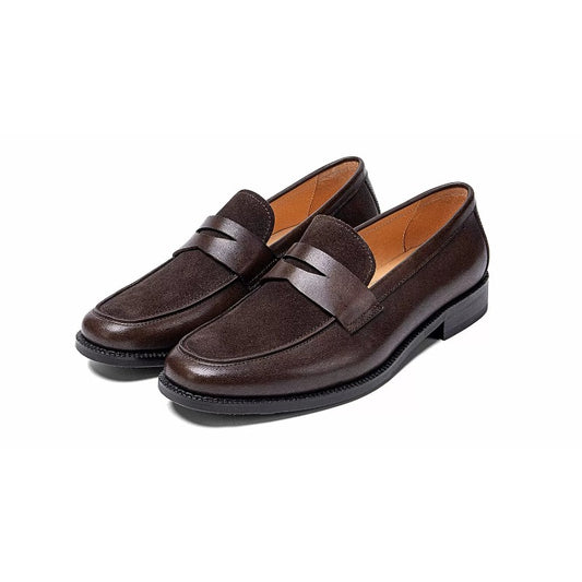 Lunepebbla dark brown dual-texture penny loafers with suede body and smooth leather penny strap
