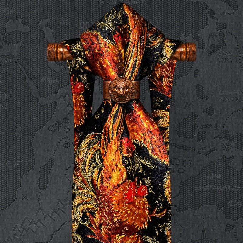 Lunepebbla rooster silk necktie draped showing rich color depth and woven texture