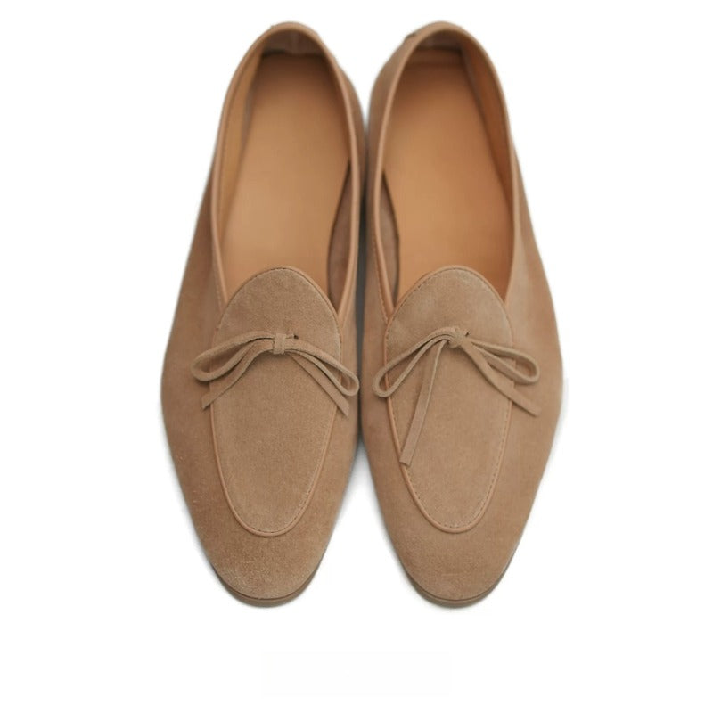 Lunepebbla camel suede Belgian loafers rear view showing soft heel and sole construction