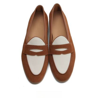 Lunepebbla two-tone spectator penny loafers top view showing brown suede framing white leather