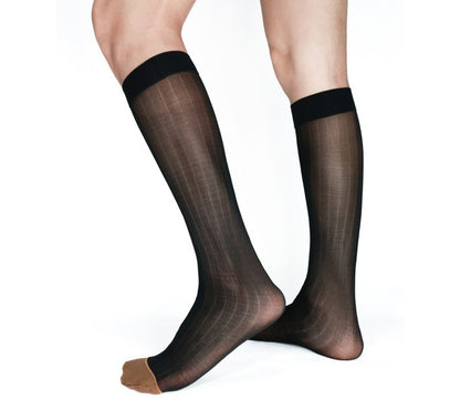 Lunepebbla sheer black dress socks sole view showing contrast solid blue sole against black body