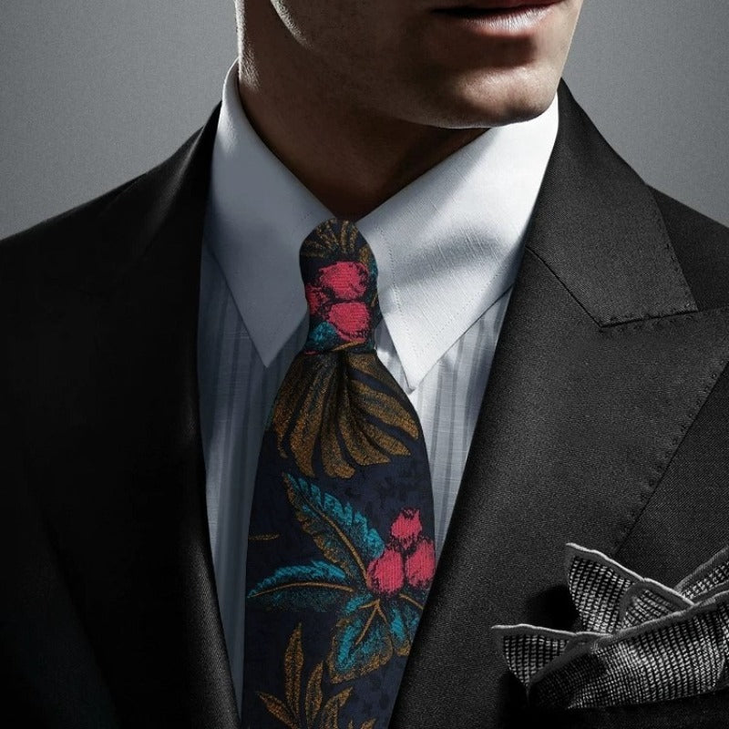 Lunepebbla tropical botanical silk necktie back view showing tipping and construction