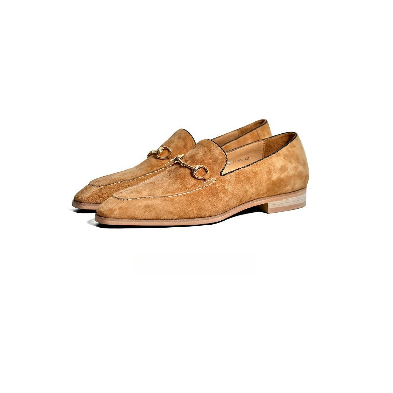 Lunepebbla brown lambskin suede horsebit loafers for men with gold-tone horsebit hardware