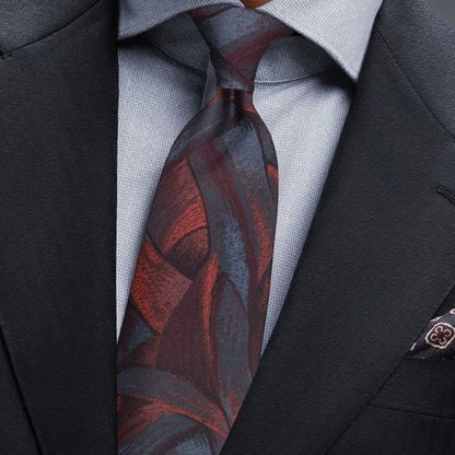 Lunepebbla abstract ribbon silk necktie back view showing tipping and construction