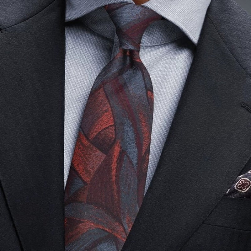 Lunepebbla abstract ribbon silk necktie back view showing tipping and construction