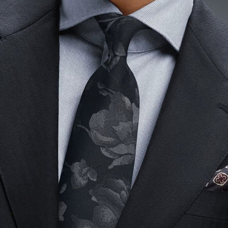 Lunepebbla tonal floral silk necktie back view showing tipping and keeper loop