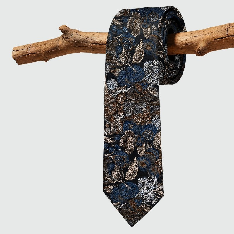 Lunepebbla vintage botanical mulberry silk necktie, yarn-dyed jacquard woven mens tie full view