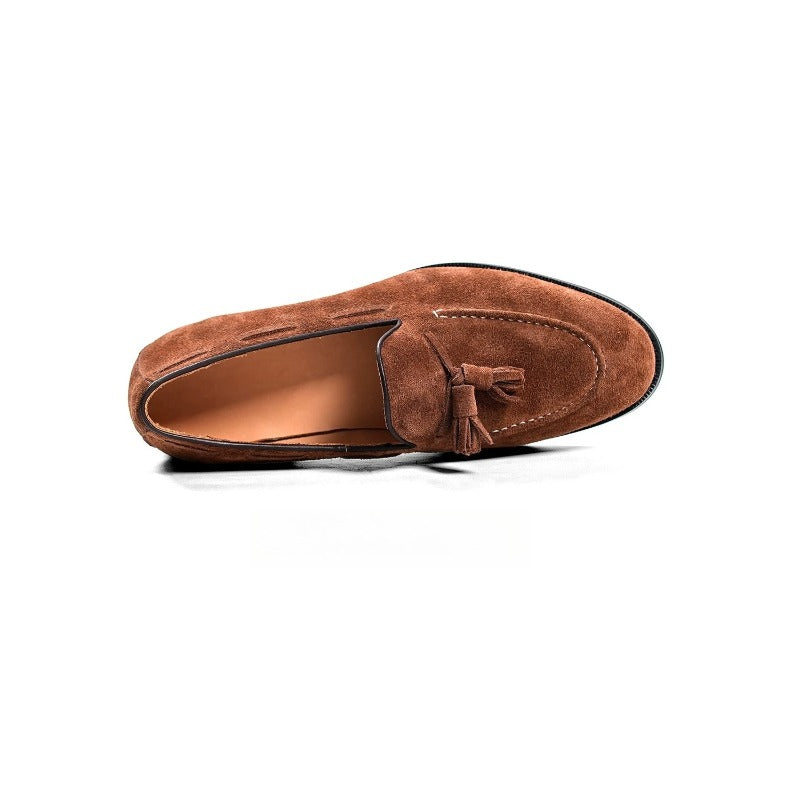 Lunepebbla black high-lustre suede tassel loafers side view showing suede sheen