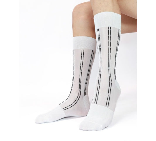 Lunepebbla pinstripe sheer white nylon dress socks showing graphic pinstripe pattern