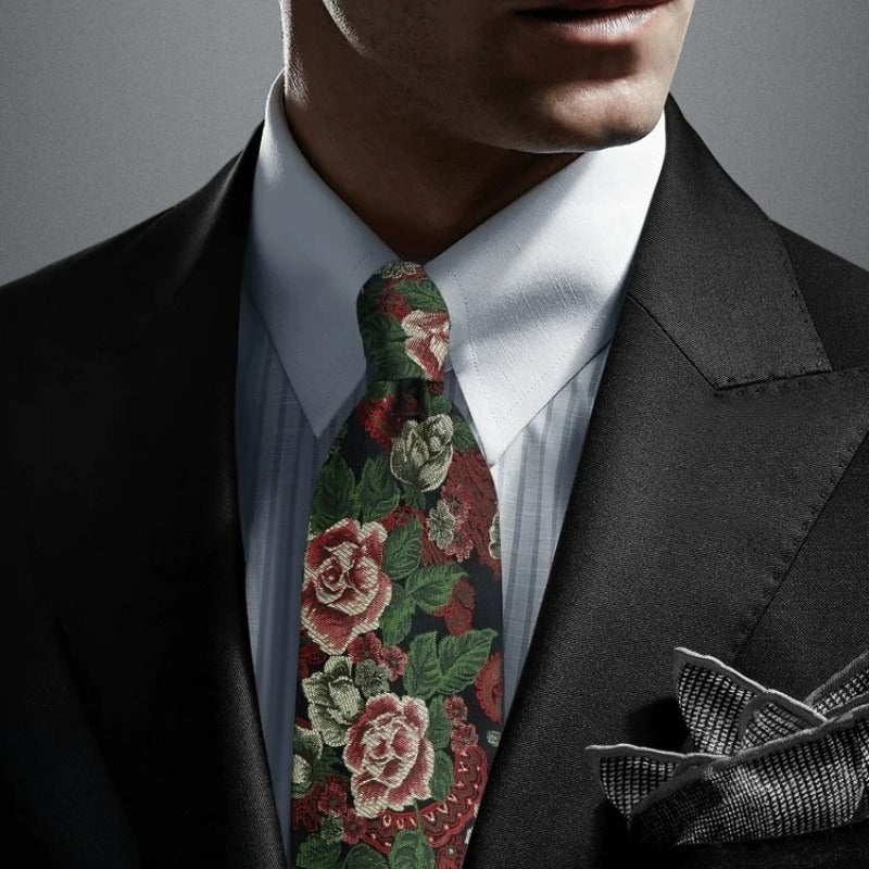 Lunepebbla paisley rose silk necktie back view showing tipping and keeper loop