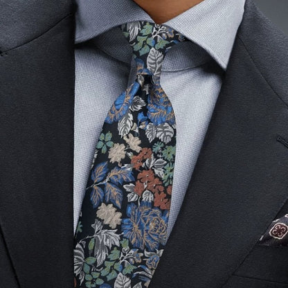 Lunepebbla garden floral silk necktie back view showing tipping and construction