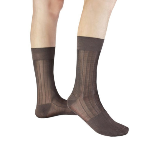 Lunepebbla ribbed sheer grey nylon dress socks with contrast cuff toe and heel mid-calf