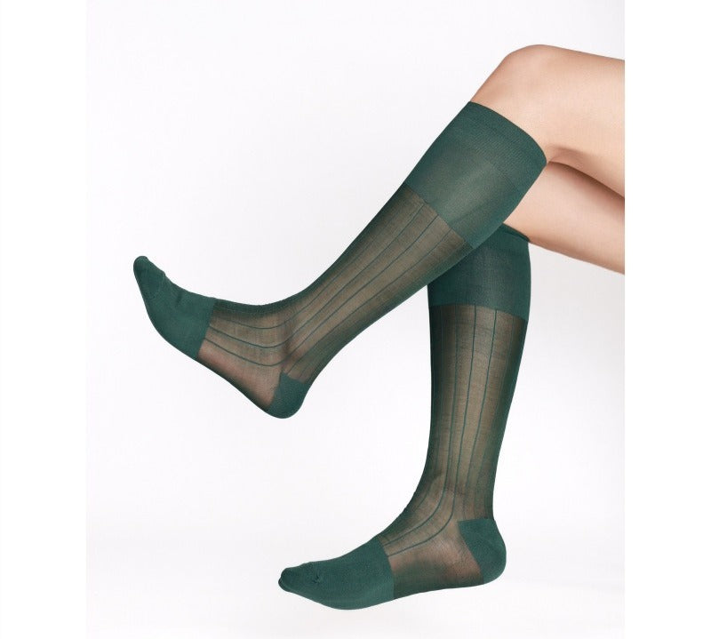 Lunepebbla ribbed sheer brown nylon knee-high dress socks with warm-toned vertical rib texture