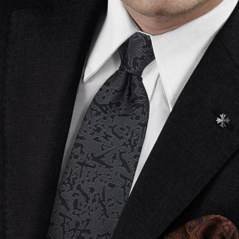 Lunepebbla abstract textured silk necktie back view showing tipping and construction