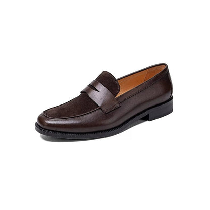 Lunepebbla dark brown dual-texture penny loafers side view showing suede and leather contrast