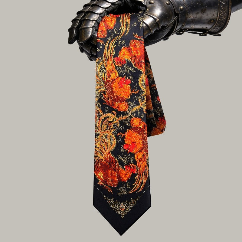 Lunepebbla rooster mulberry silk necktie, yarn-dyed jacquard woven in orange gold crimson