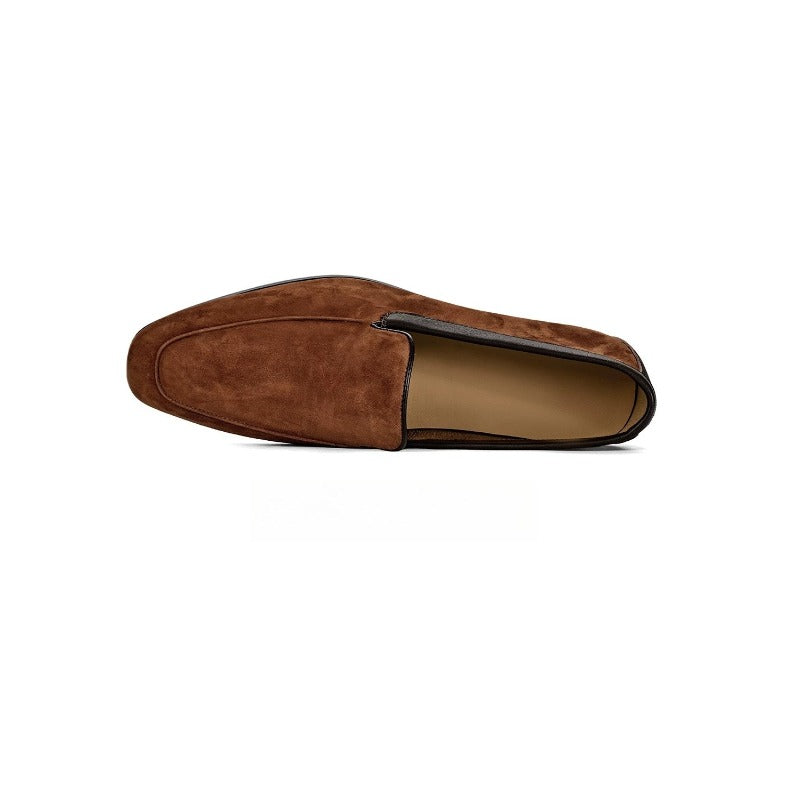 Lunepebbla Tan — handmade suede Venetian loafers for men, slip-on dress shoes interior leather lining detail