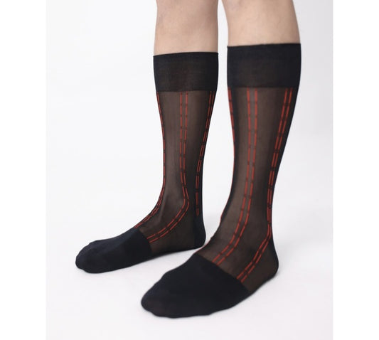 Lunepebbla pinstripe sheer dress socks close-up showing woven vertical line texture