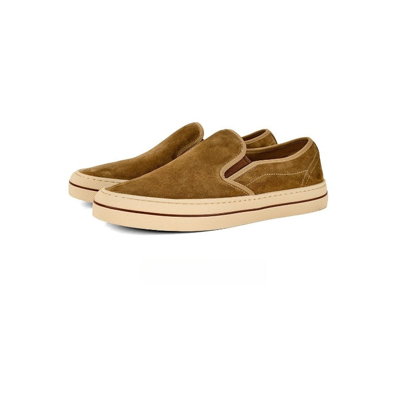 Lunepebbla Brown — handmade suede slip-on sneakers for men, gum sole casual shoes interior leather lining detail