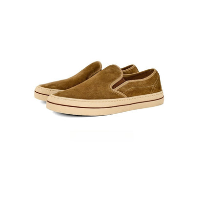 Lunepebbla Brown — handmade suede slip-on sneakers for men, gum sole casual shoes interior leather lining detail