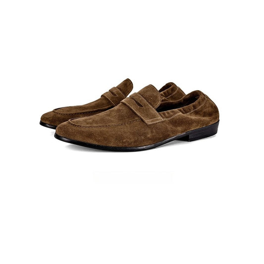 Lunepebbla Brown — handmade suede penny loafers for men, slip-on dress shoes front view pair