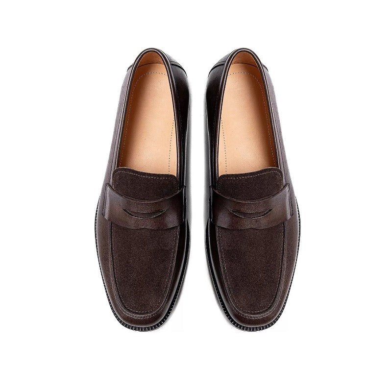 Lunepebbla dark brown dual-texture penny loafers top view showing matte suede and polished strap