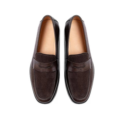Lunepebbla dark brown dual-texture penny loafers top view showing matte suede and polished strap