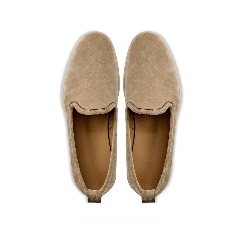 Lunepebbla Sand — handmade suede loafers white sole, summer slip-on shoes for men three quarter angle