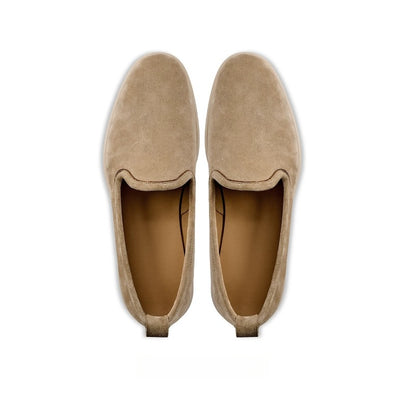 Lunepebbla Sand — handmade suede loafers white sole, summer slip-on shoes for men three quarter angle