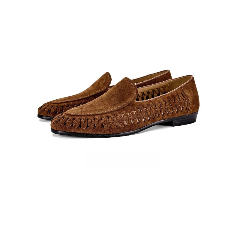 Lunepebbla Tan Brown — handmade woven leather loafers for men, braided slip-on shoes front view pair