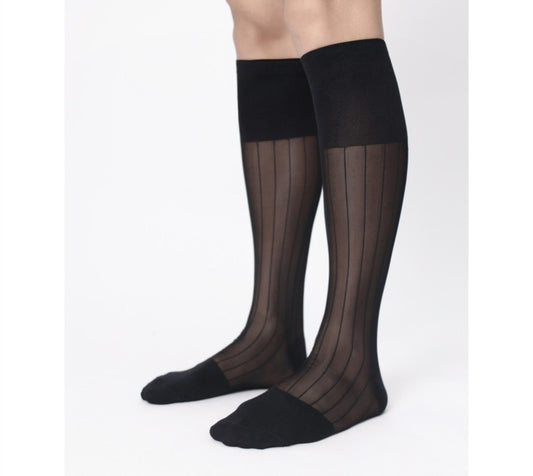 Lunepebbla ribbed sheer white nylon knee-high dress socks with graphic rib pattern