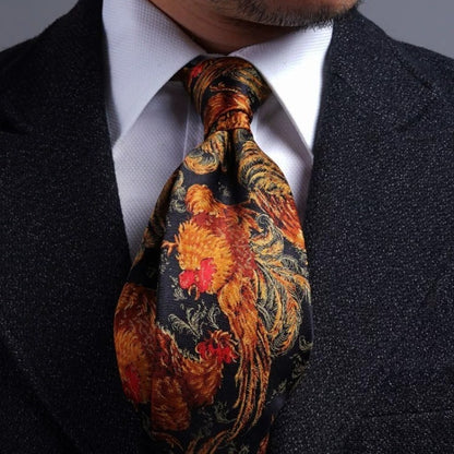 Lunepebbla rooster silk necktie rolled showing fabric weight and mulberry silk quality