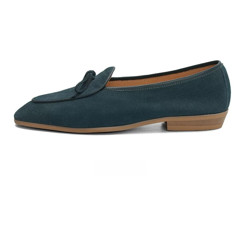 Lunepebbla camel suede Belgian loafers worn with casual outfit showing soft drape