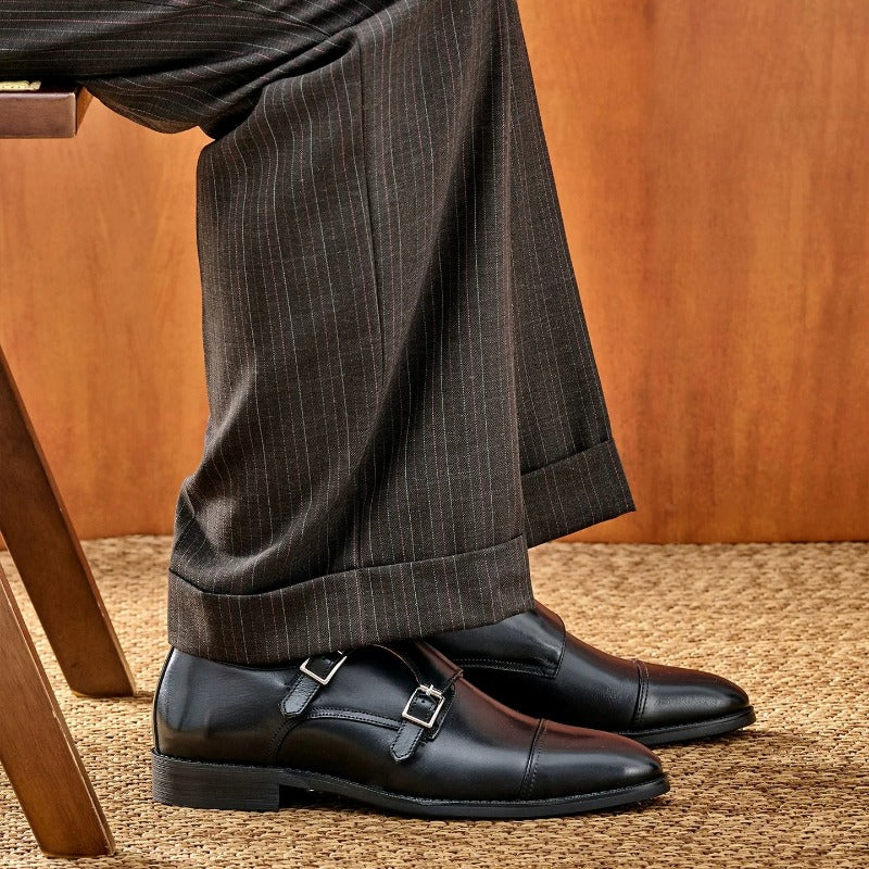 Handmade Waxed Calfskin Double Monk Strap Shoes