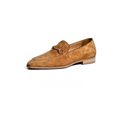 Lunepebbla brown suede horsebit loafers side profile showing gold snaffle bit detail