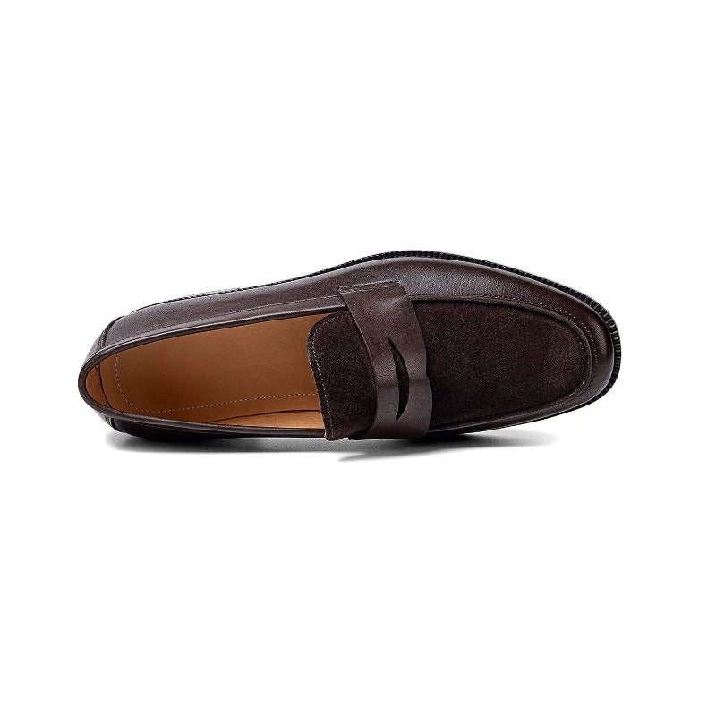 Lunepebbla dark brown dual-texture penny loafers rear view showing construction detail