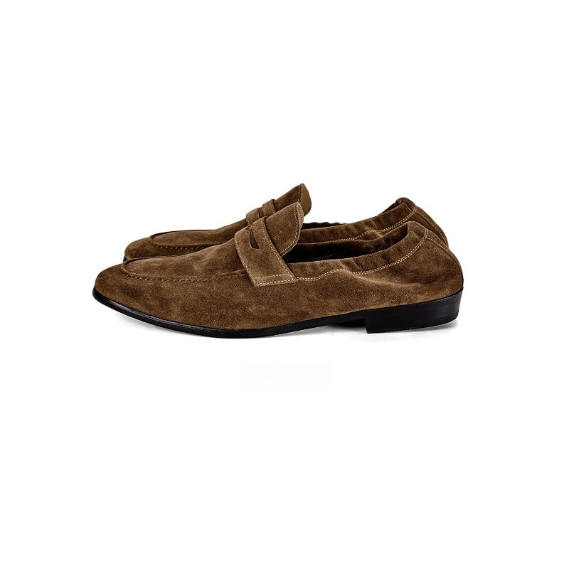 Lunepebbla Brown — handmade suede penny loafers for men, slip-on dress shoes side profile