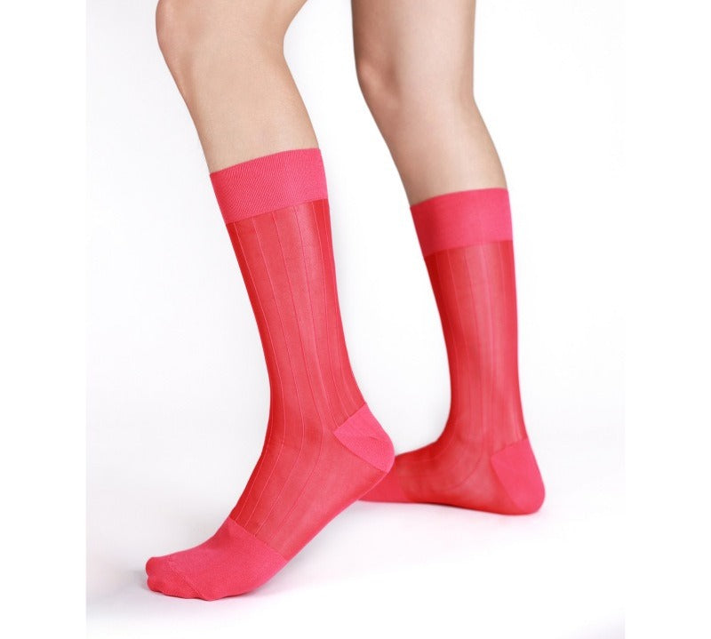 Lunepebbla ribbed sheer blue nylon dress socks with contrast cuff toe and heel mid-calf