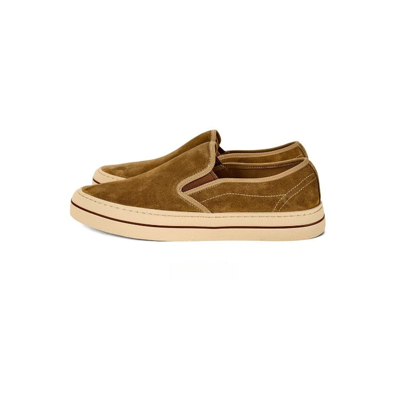 Lunepebbla Brown — handmade suede slip-on sneakers for men, gum sole casual shoes three quarter angle