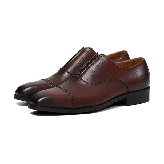 Handmade Brown Leather Laceless Cap-Toe Oxfords for Men