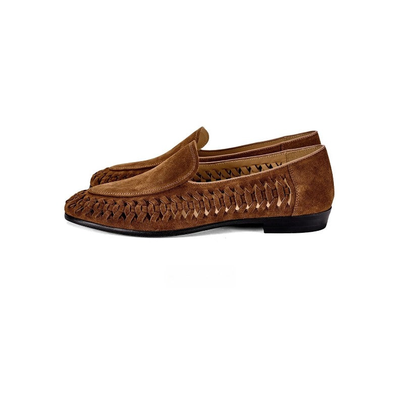 Lunepebbla Tan Brown — handmade woven leather loafers for men, braided slip-on shoes side profile