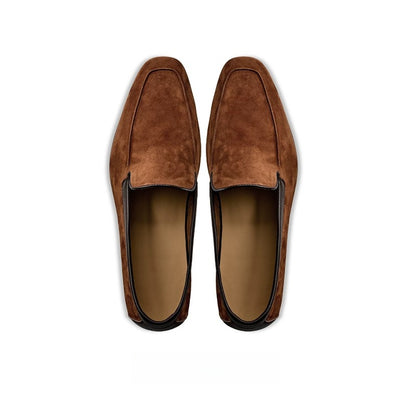 Lunepebbla Tan — handmade suede Venetian loafers for men, slip-on dress shoes three quarter angle