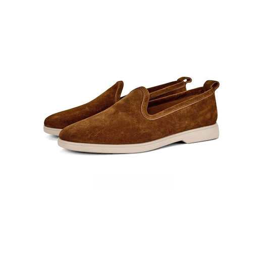 Lunepebbla Tan — handmade suede loafers white sole, summer slip-on shoes for men front view pair