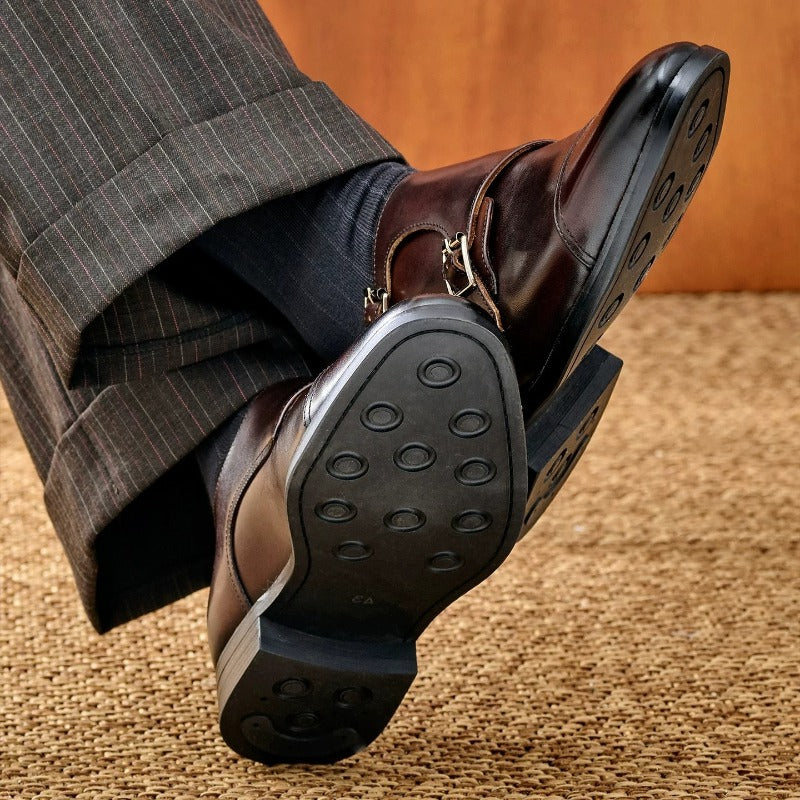Handmade Waxed Calfskin Double Monk Strap Shoes