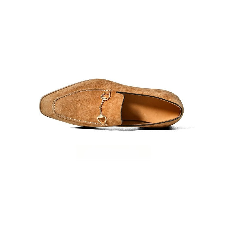Lunepebbla teal suede horsebit loafers side profile showing gold hardware and Blake-stitched sole